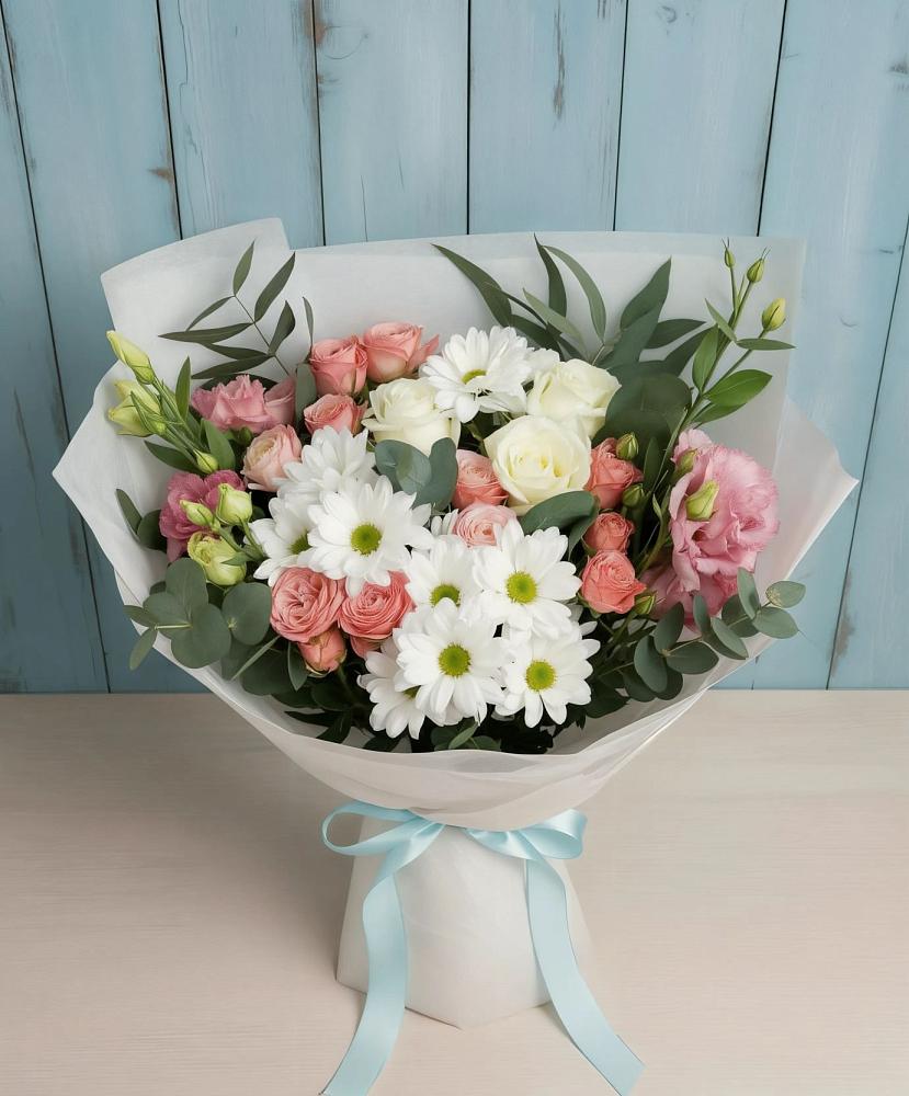 Букет цветов из: Розы, Лизиантусы и Хризантемы в Мортке