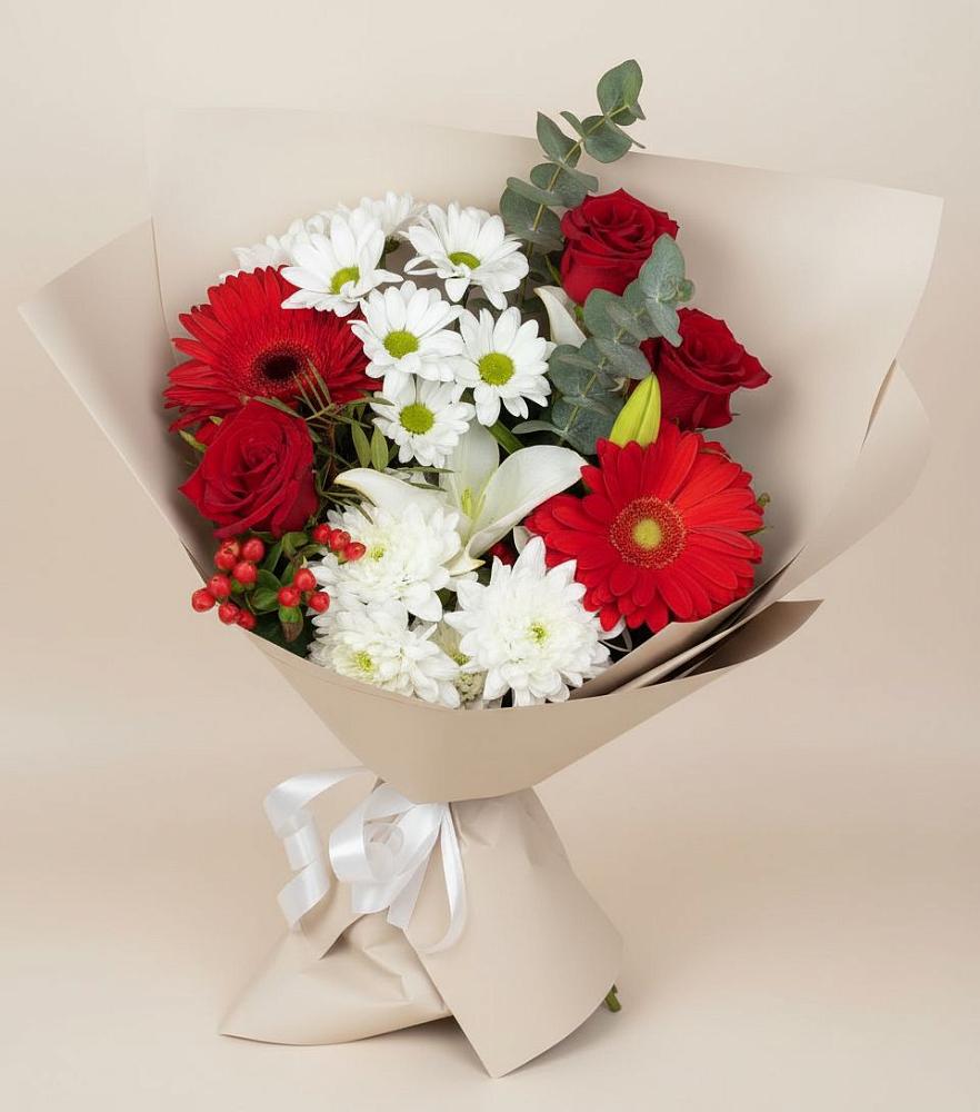 Букет цветов из: Розы, Хризантемы, Герберы и Лилии в Мортке