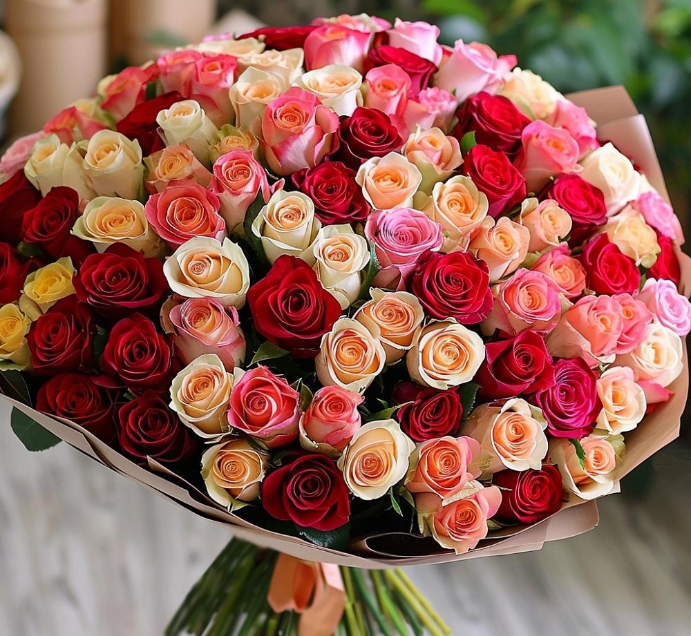Букет 101 Разноцветная роза в Мортке
