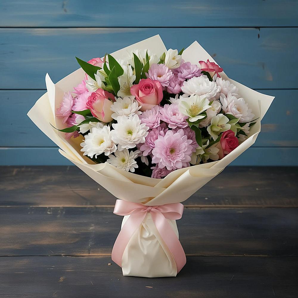 Букет цветов из: Хризантемы, Альстромерии и Розы в Мортке